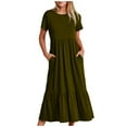 thumbnail image 1 of Fjofpr Womens Dresses Plus Size Women's Summer Casual Short Sleeve Crewneck Dress Casual Flowy Tiered Maxi Beach Dress With Pockets Army Green M, 1 of 5