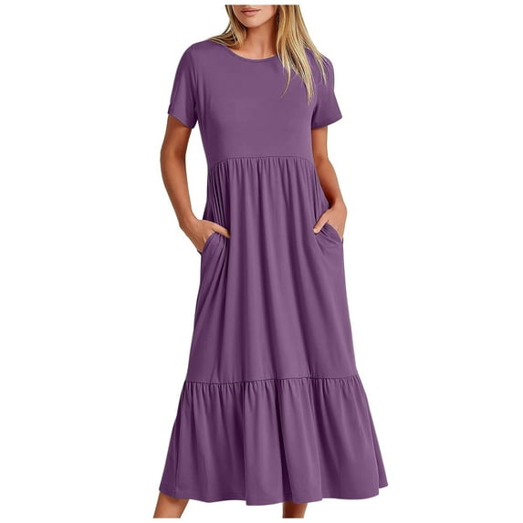 Fjofpr Womens Dresses Plus Size Women's Summer Casual Short Sleeve Crewneck Dress Casual Flowy Tiered Maxi Beach Dress With Pockets Purple L