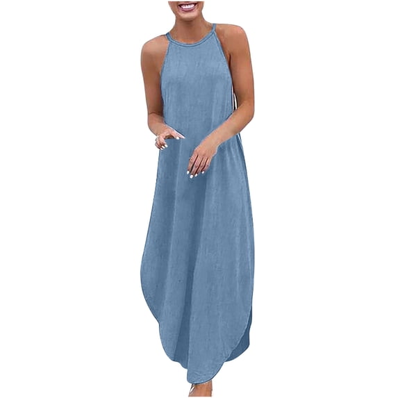 Fjofpr Womens Dresses Plus Size Women's Summer Loose Denim Camisole Dress Sleeveless Solid Color Skirt Long Skirt Sky Blue M