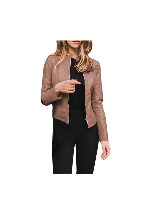 Womens Fall Clothing Womens Plus Size Faux Leather Jackets Long Sleeve Outerwear with Pockets Ladies Casual Solid Lightweight Zipper Coat