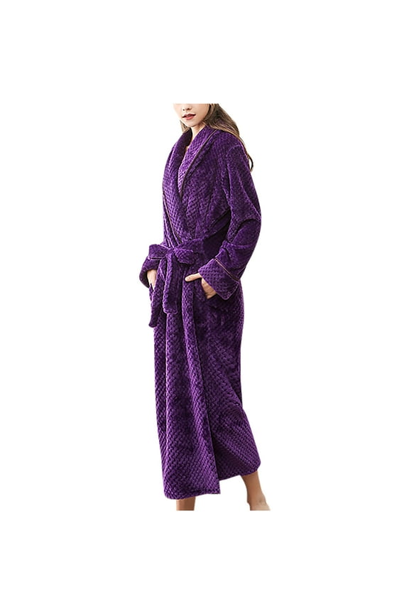 Womens Fleece Robe Long Nightgowns Winter Warm V-Neck Couple Bathrobe Plush Nightgowns with Sashes and Pockets