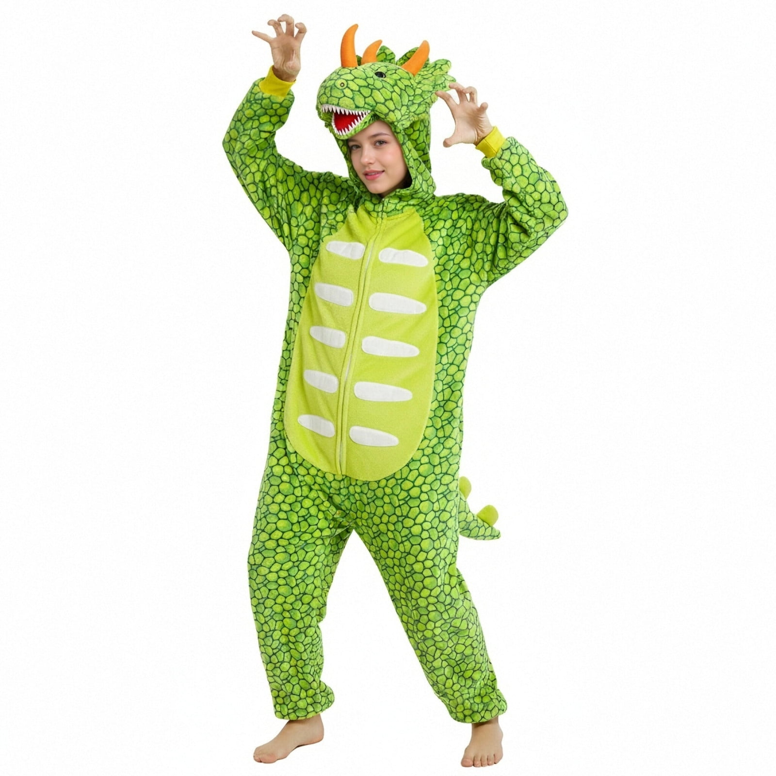 Fjofpr Womens Hooded Jumpsuit Sherpa Fuzzy Pajamas 2025 Plus Size Long Sleeve Cute dinosaur One Piece Onesie Winter Warm Rompers Sleepwear Hooded Long-sleeved zip up Pajamas Home Clothing AGreen XL