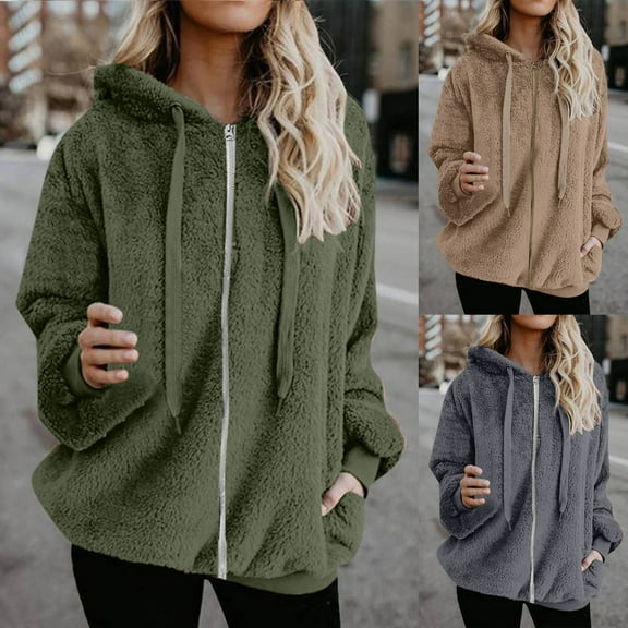 Fjofpr Womens Hoodies Oversized Lightweight Fashion Womens Warm Faux Coat Winter Zipper Solid Long Sleeve Outerwear Fall and Winter Jacket Green S