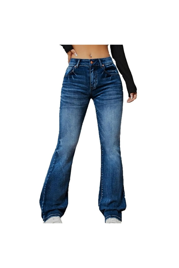 Womens Jeans Flare Legs Clearance High Waisted Jeans for Women Womens Jeans Trendy Fall 2025 Women's Fashionable Slim Elastic Lifting Buttocks Bleached Blue And White Gradient Ripped Jeans