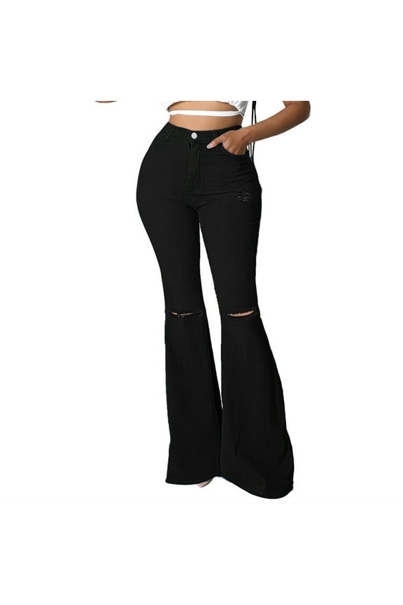 Womens Jeans Flare Legs Hole Jeans for Women Jeans for Women Trendy Slimming Women And Sexy Pants Fashion Distressed Denim Horseshoe Pants With Flared Pants