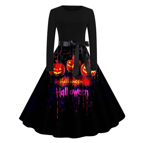 Fjofpr Womens Long Sleeve Dresses Women's Bat Pumpkin Moon Printed Round Neck Long Sleeve Dress XL