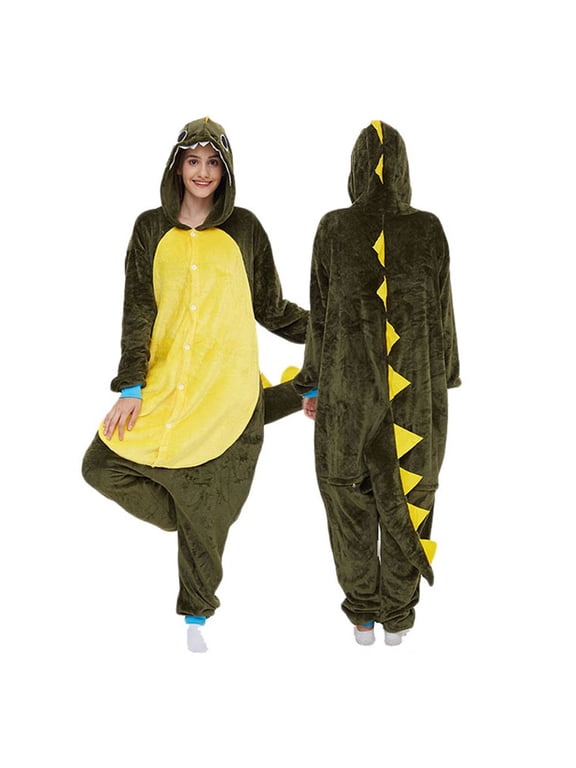 Womens Plush Hooded Jumpsuit Sherpa Fuzzy Pajamas 2025 Plus Size Long Sleeve Cute dinosaur One Piece Onesie Winter Warm Rompers Sleepwear Button up Pajamas Home Clothing Pajamas Army Green M
