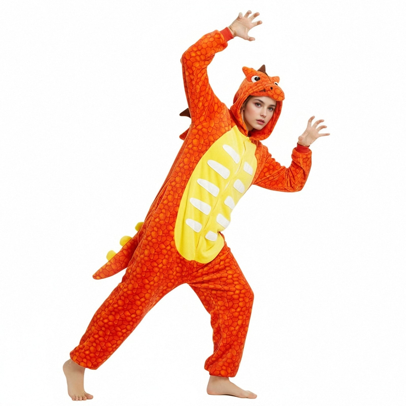 Fjofpr Womens Plush Hooded Jumpsuit Sherpa Pajamas 2025 Plus Size Long Sleeve Cute dinosaur One Piece Onesie Winter Warm Rompers Sleepwear Hooded Long-sleeved zip up Pajamas Home Clothing ARed L