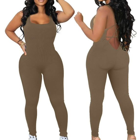 Fjofpr Womens Shapewear Women's Sleeveless Backless Waist Closing Jumpsuit Solid Color High Waist Tight Sports Yoga Jumpsuit
