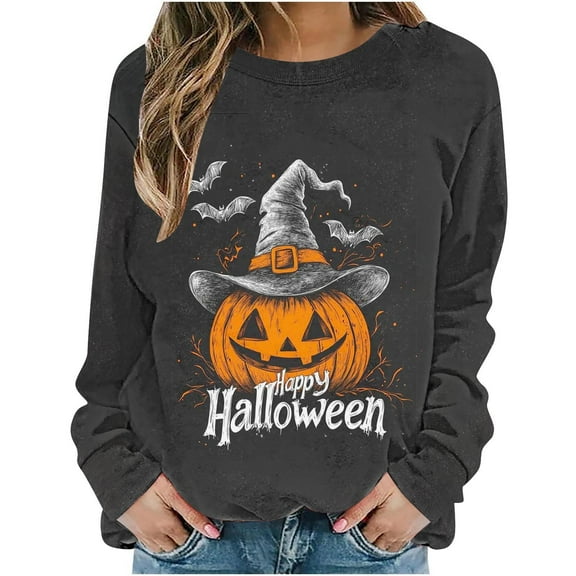 Fjofpr Womens Shirts Long Sleeve Tshirts Women's Halloween Printed Loose Round Neck Sweatshirt Multicolor M