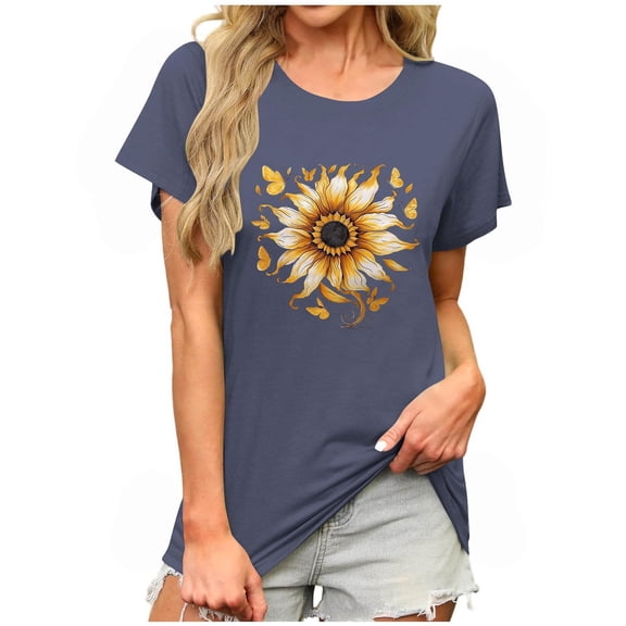 Fjofpr Womens Summer Tops Casual Womens Tops Blouses Summer Tunic Tops Flower Print Shirts Short Sleeve Solid Color Loose Round Neck Tees Shirts