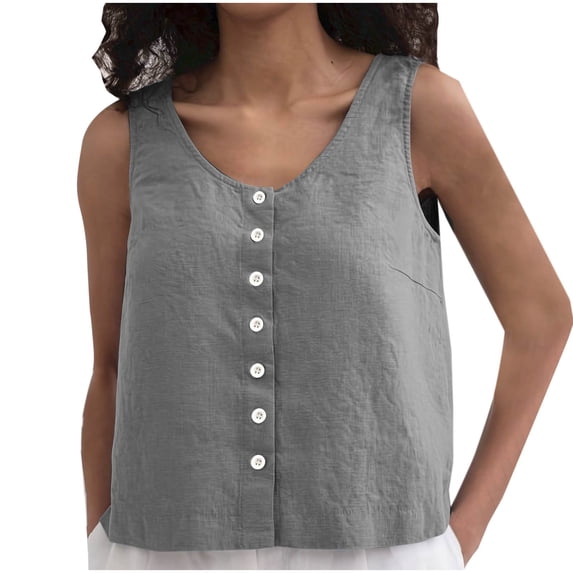 Fjofpr Womens Summer Tops V Neck Women's Fashion Solid Summer Casual And Linen Sleeveless Round-Neck Button Tank
