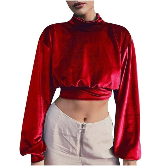 Fjofpr Womens Sweatshirts Trendy Womens Clothes Fall Women's 2022 And Winter New European And Fashion High-neck Velvet Shorts Cropped Navel Thin Sweater Slim Long-sleeved Top