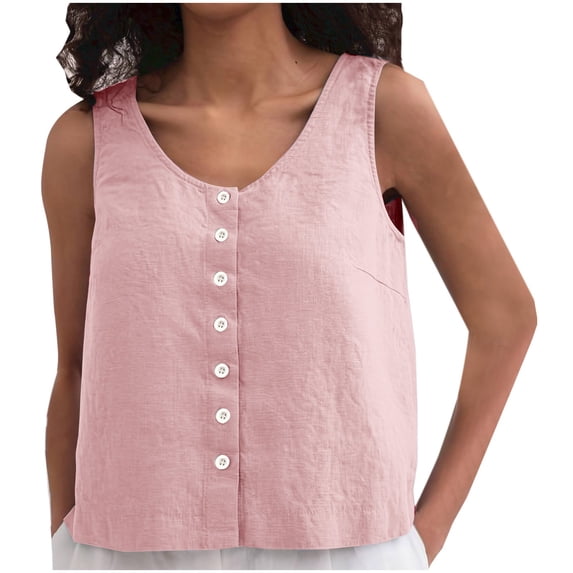 Fjofpr Womens Tank Tops Women's Fashion Solid Summer Casual And Linen Sleeveless Round-Neck Button Tank