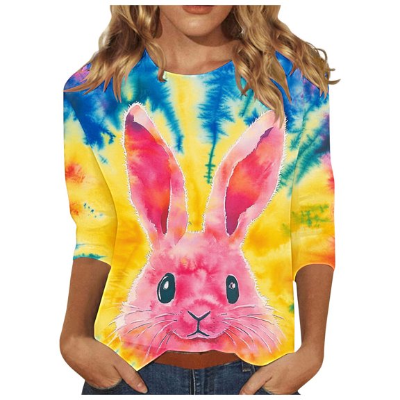 Fjofpr Womens Tops under $5 Ladies' Loose Casual Easter Print Round Neck Three Quarter Sleeve 3/4 Sleeve T-shirt Top