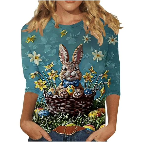 Fjofpr Womens Tops under $5 Women's New Easter Round Neck Pullover 3/4 Sleeve Casual Printed Top