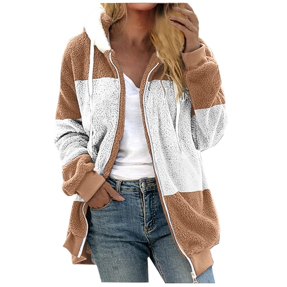 Fjofpr Womens Tops Womens Plus Size Fleece Jacket Autumn and Winter Long Sleeve Thickening Outerwear Casual Color Block Zipper Drawstring Hooded Coat