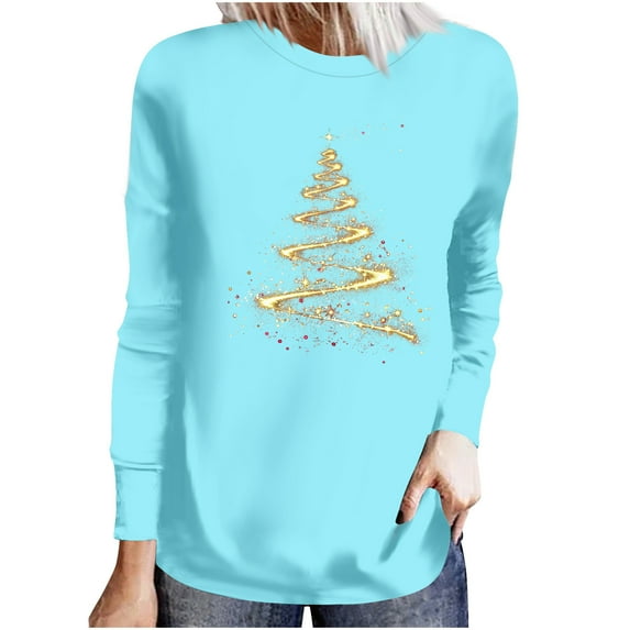 Fjofpr Womens Tops under $5 Long Sleeve Shirts for Women Loose Fit Ladies Fashion Casual Christmas Print Round Neck Loose Long Sleeve Top