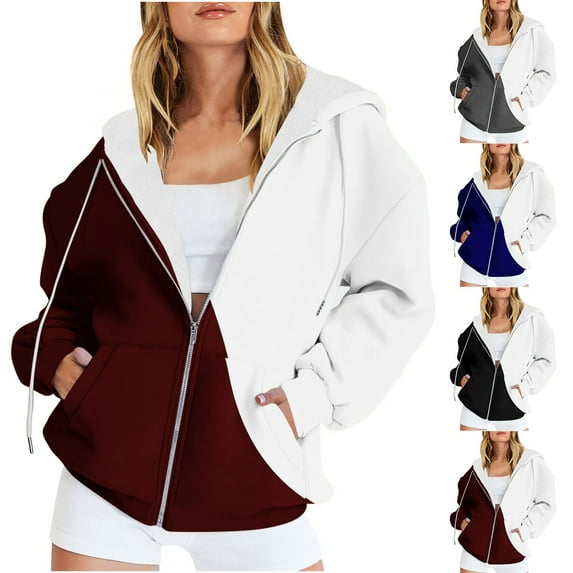 Fjofpr Zip Sweatshirts for Women with Hood Women's Casual Color Blocked Printed Zippered Long Sleeved Hooded Sweatshirt Jacket Top Gray L