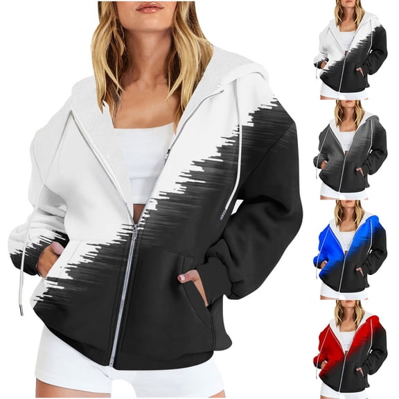 Fjofpr Zip Up Hoodie Women Oversized Plus Size Women's Casual Two-Tone Zip Sweatshir Zippered Long Sleeved Hooded Sweatshirt Jacket Top Red XXXL