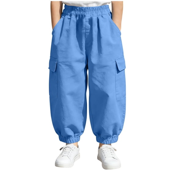 Fjofpr boys pants boys clothes Children's Unisex Linen Solid Color Versatile Breathable Elastic Waistband Leg-Strapping Flared Pants Long Trousers