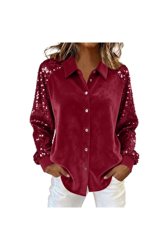 Button Down Shirts for Women Long Sleeve Sequin Tops for Women Casual Women's Fashion Casual Solid Turndown Collar Loose Long Sleeve Button Tops Shirt Blouse Wine XXL