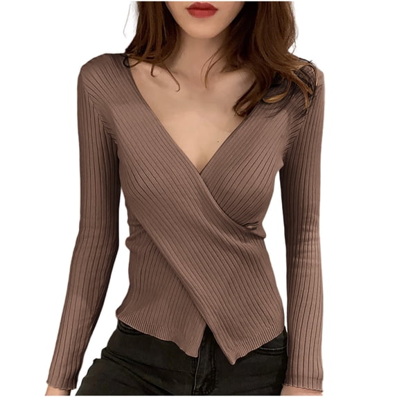 Fjofpr fall and winter sweaterss for women 50% off Clear Fashion Women Winter Solid Long Sleeve Pullove V-Neck Casual Sweater Tops Coffee Free Size
