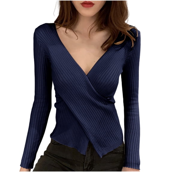 Fjofpr fall and winter sweaterss for women 50% off Clear Fashion Women Winter Solid Long Sleeve Pullove V-Neck Casual Sweater Tops Navy Free Size