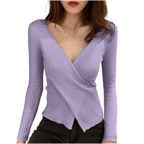 Fjofpr fall and winter sweaterss for women 50% off Clear Fashion Women Winter Solid Long Sleeve Pullove V-Neck Casual Sweater Tops Purple Free Size