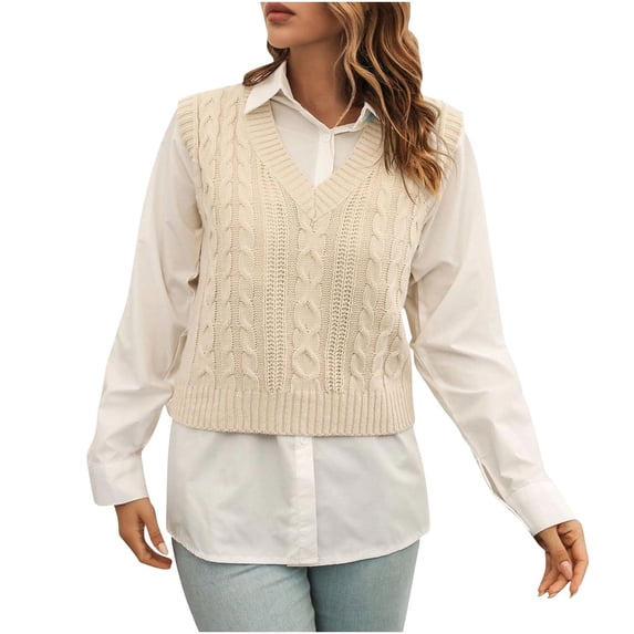 Fjofpr fall and winter sweaterss for women 50% off Clear Ladies' Casual Knitted Sweater Sleeveless V-neck Sweater Waistcoat Beige S