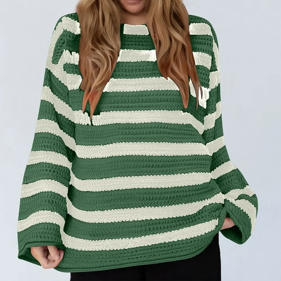 Fjofpr fall and winter sweaterss for women 50% off Clear Women's Fashionable Long Sleeved Striped Knitted Round Neck Sweater Green XL