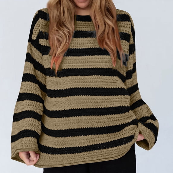 Fjofpr fall and winter sweaterss for women 50% off Clear Women's Fashionable Long Sleeved Striped Knitted Round Neck Sweater Khaki L