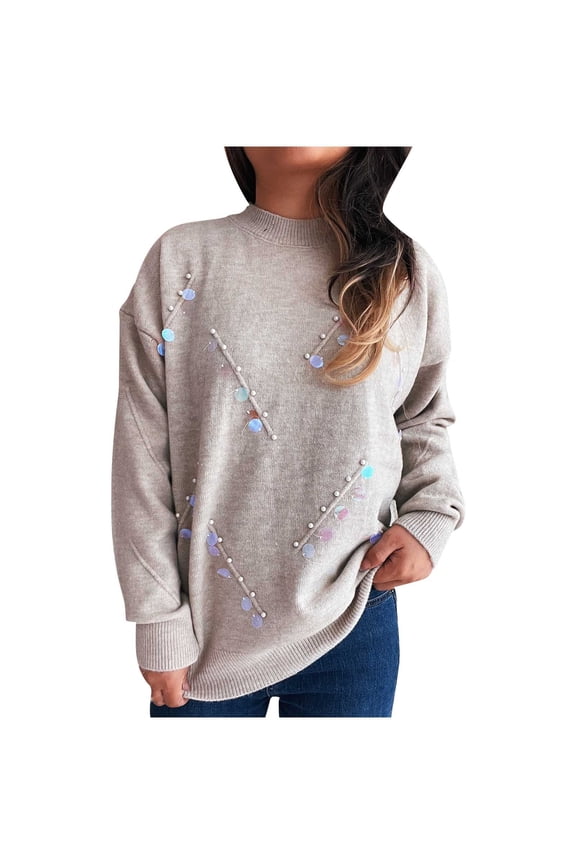 fall and winter sweaterss for women 50% off Clear Women's Long Sleeve Round Neck Sequin Solid Color Casual Knitted Sweater Gray M