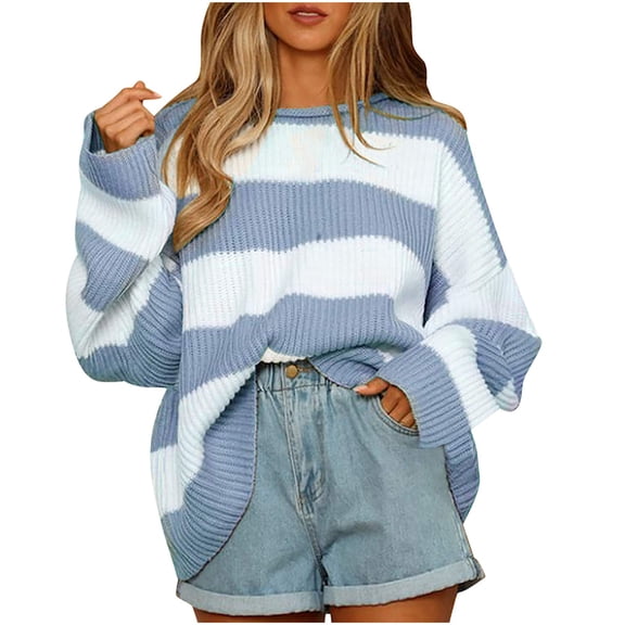 Fjofpr fall and winter sweaterss for women 50% off Clear Ladies' And Winter Round Neck Long Sleeved Color Blocked Striped Knitted Sweater Flared Sleeve Sweater Light Blue L