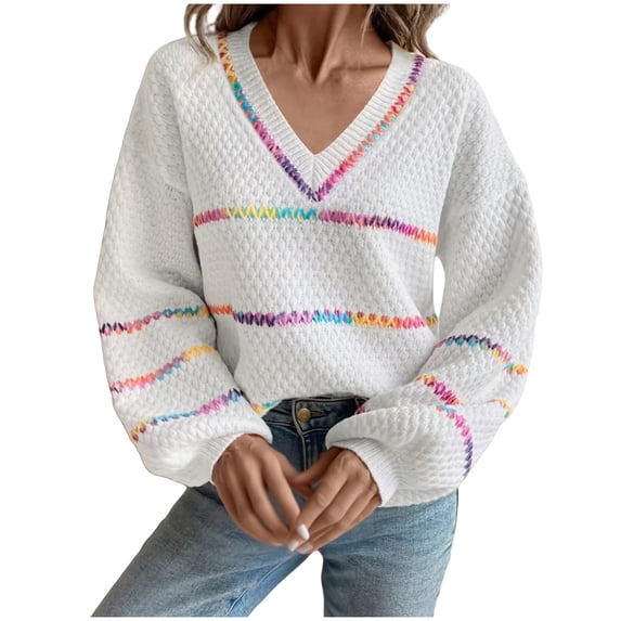 Fjofpr fall and winter sweaterss for women 50% off Clear Women's Long Sleeved Pullover Loose Sweater Striped V-neck Contrasting Top V-neck Sweater White L