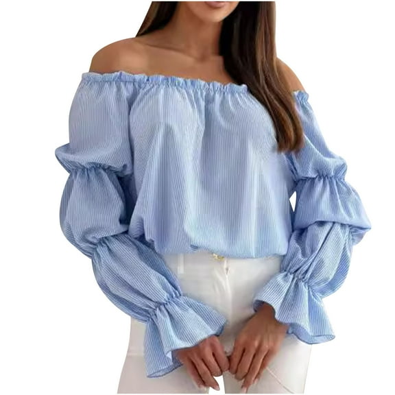 Fjofpr off Shoulder Tops Women Women's Solid Color Long Sleeve Round Neck one Shoulder Lantern Sleeve Lace Pullover Shirt Top