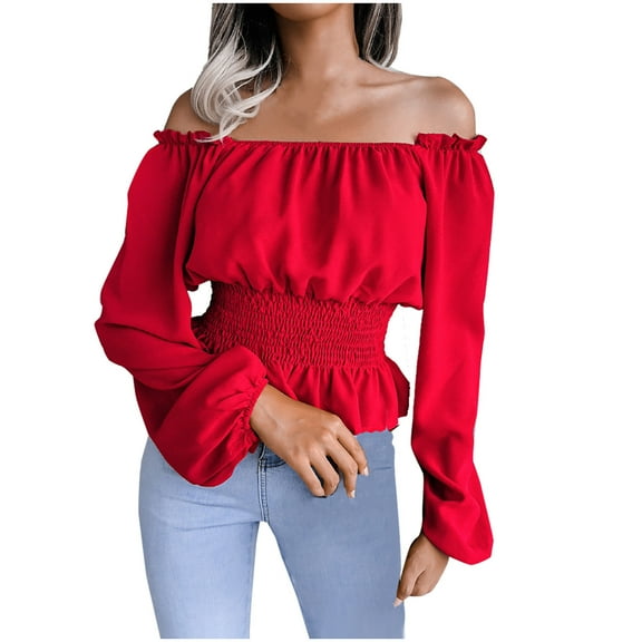 Fjofpr off the Shoulder Tops for Women Long Sleeve Fashion Women Sexy Neck Strapless Hem Ruffle Chiffon Shirt Smocked Blouse