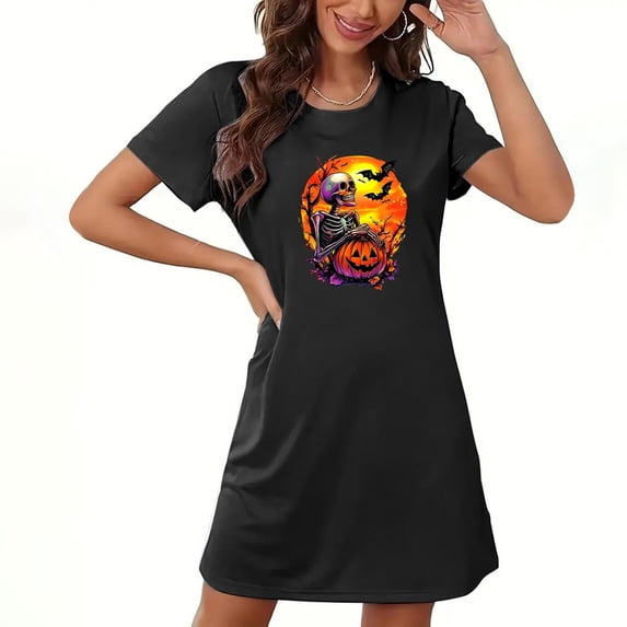 Fjofpr Womens Loungewear Dresses Halloween Women's Large Size Short Nightdress With Chest Print Round Neck And Short Sleeves Black L