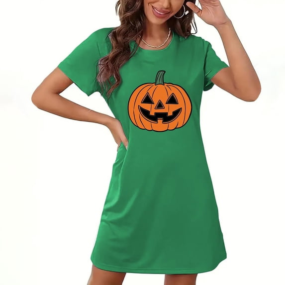 Fjofpr Womens Loungewear Dresses Halloween Women's Large Size Short Nightdress With Chest Print Round Neck And Short Sleeves Green M