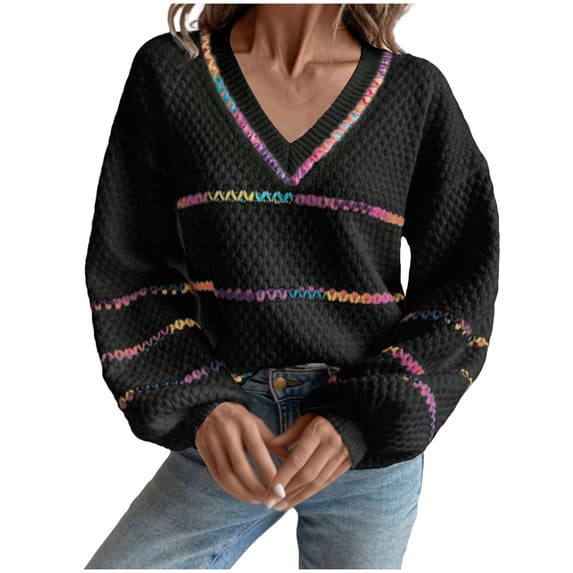 Fjofpr womens sweaters pullover Women's Long Sleeved Pullover Loose Sweater Striped V-neck Contrasting Top V-neck Sweater Black M