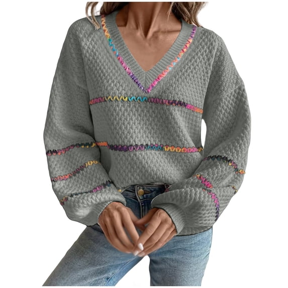 Fjofpr womens sweaters pullover Women's Long Sleeved Pullover Loose Sweater Striped V-neck Contrasting Top V-neck Sweater Gray L