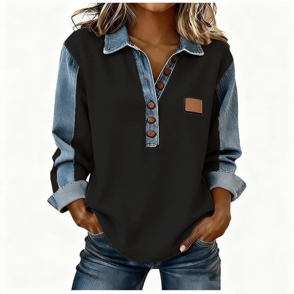 Fjofpr Women Long Sleeve Shirts Lapel Collar Denim Patchwork Casual ...