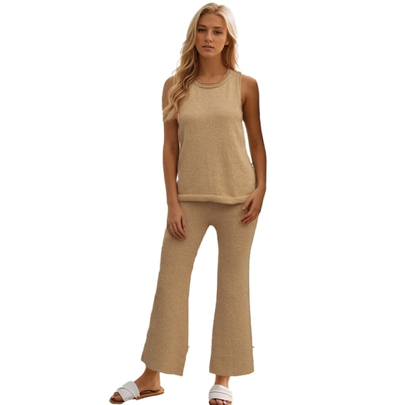 Fjuchai 2PCS Womens Casual Tees Suit Simple Tank Top +solid Color Trousers Fashionable T-Shirt Outfit for Womens S-XL