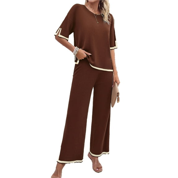 Fjuchai 2Pcs Sweater Sets for Women 2 Piece Lounge Sets Short Sleeve Knit Pullover Tops Wide Leg Pants S-XL