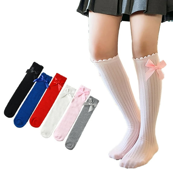 Fjuchai Girls Cotton Knit Calf Socks Kids Casual Mid Calf Socks Toddler Bow Tie Thigh High Socks 3-12 Y