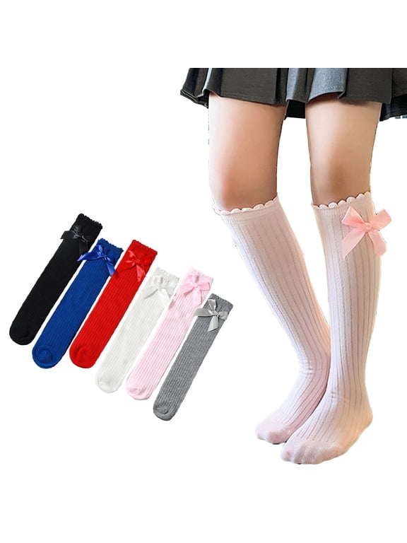 Girls Cotton Knit Calf Socks Kids Casual Mid Calf Socks Toddler Bow Tie Thigh High Socks 3-12 Y