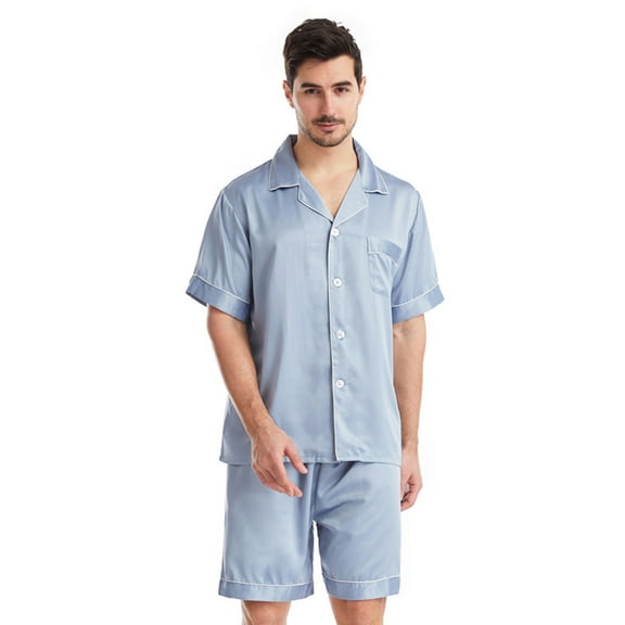 Fjuchai Men's 2Pcs Silk Pajama Pjs Set Lounge Sets Short Sleeve T-Shirts and Shorts Set Loungewear Sweatsuit with Pockets S-XL