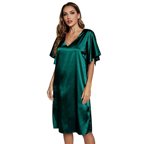 Fjuchai Night Shirts for Women Sleepwear//Satin Nightgown//Womens Sleep Shirts// Night Dress for Women//V Neck Side Split Sleepshirt Short Sleeves Sleepwear