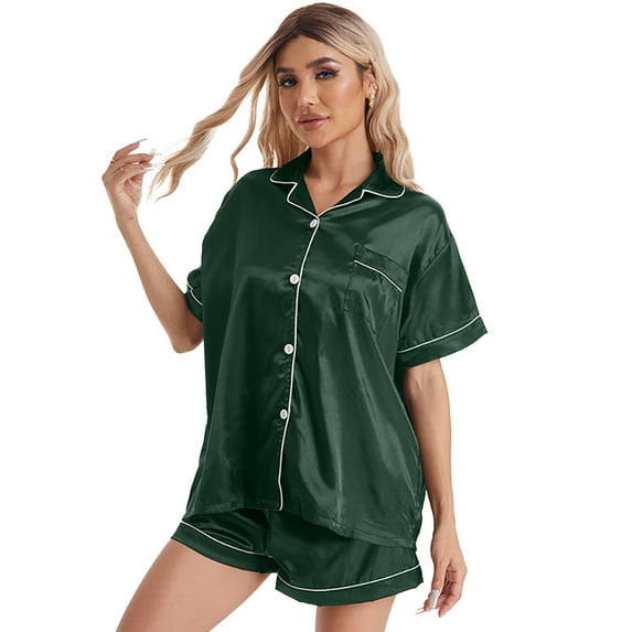 Fjuchai Silk Pajamas Pjs for Womens Short Sleeve Sleepwear Soft Satin Button Down Loungewear 2 Piece Lounge Shorts Set S-XL