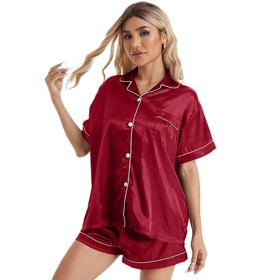 Fjuchai Silk Pajamas Pjs for Womens Short Sleeve Sleepwear Soft Satin Button Down Loungewear 2 Piece Lounge Shorts Set S-XL